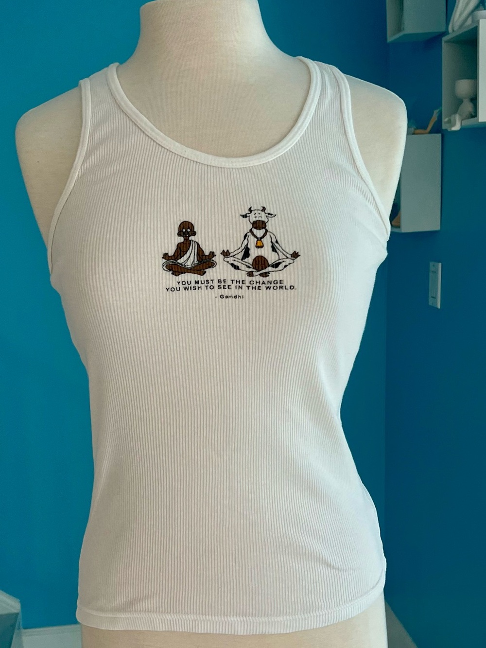 White Ribbed BE THE CHANGE Tank Top 100% Cotton